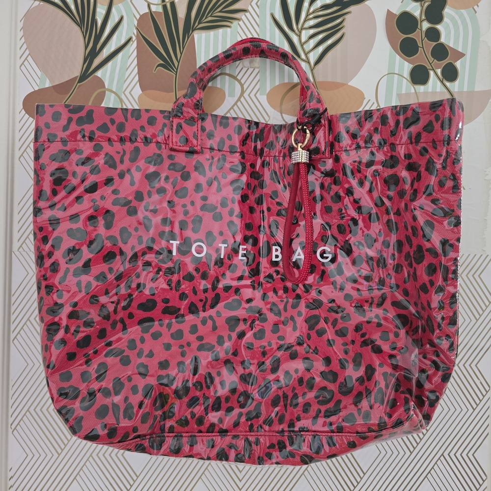 Red Leopard Print Tote Bag with Clear Vinyl Overlay - Picture 3 of 11